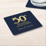 Gold 50th Wedding Anniversary | Navy Blue Square Paper Coaster<br><div class="desc">Celebrate a remarkable milestone with this elegant 50th Wedding Anniversary paper coasters. Featuring luxurious gold lettering and personalization for husband and wife's names. These paper coasters make an elegant detail to your party that honors five decades of love and commitment. Perfect for commemorating this special occasion, it will add a...</div>