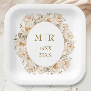 Gold 50th Wedding Anniversary Peony Floral Paper Plates