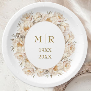 Gold 50th Wedding Anniversary Peony Floral Paper Plates