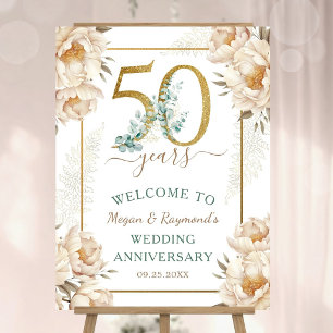 Gold 50th Wedding Anniversary Peony Floral Welcome Foam Board