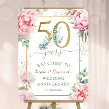 Gold 50th Wedding Anniversary Peony Floral Welcome