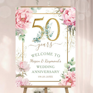 Gold 50th Wedding Anniversary Peony Floral Welcome Foam Board