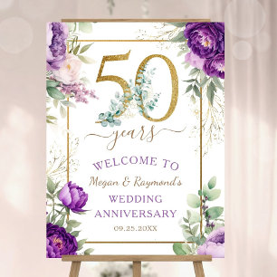 Gold 50th Wedding Anniversary Peony Floral Welcome Foam Board