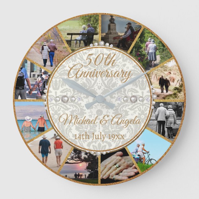 Gold 50th Wedding Anniversary Personalized Photo Large Clock (Front)