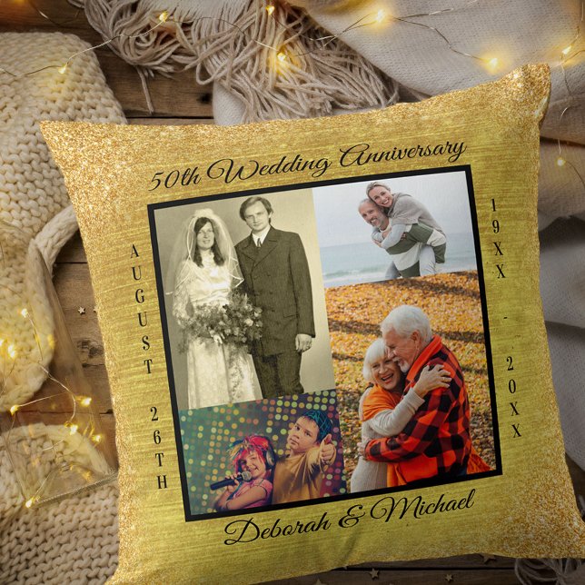 Gold 50th Wedding Anniversary Photo Collage Throw Pillow (Creator Uploaded)