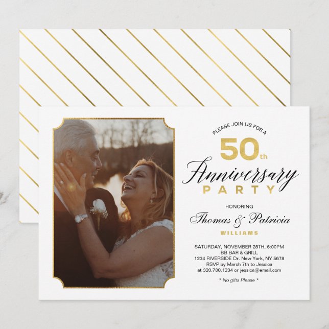 Gold 50th Wedding Anniversary Photo Invitation (Front/Back)