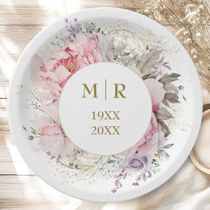 Gold 50th Wedding Anniversary Pink Peony Floral Paper Plates