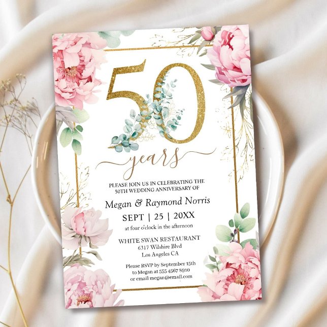 Gold 50th Wedding Anniversary Pink Peony Invitation (Creator Uploaded)