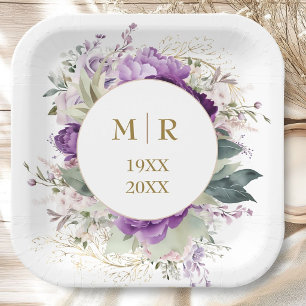 Gold 50th Wedding Anniversary Purple Peony Floral Paper Plates