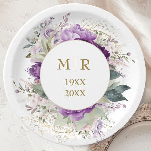 Gold 50th Wedding Anniversary Purple Peony Floral Paper Plates
