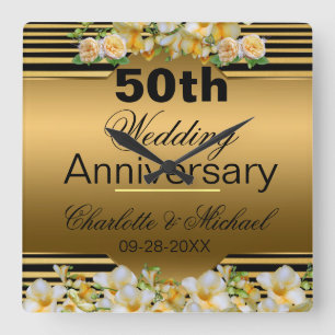 Gold 50th Wedding Anniversary Square Wall Clock