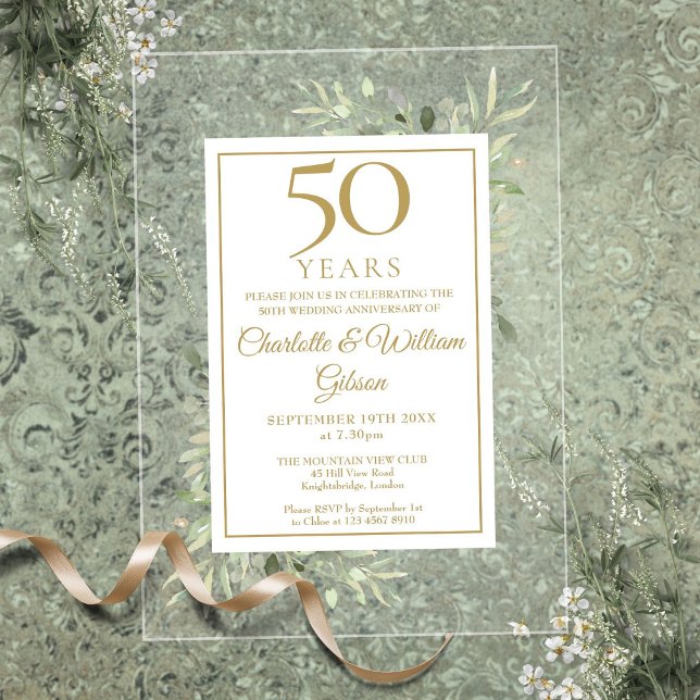 Gold 50th Wedding Anniversary Watercolor Greenery Acrylic Invitations (Gold 50th Wedding Anniversary Watercolor Greenery Acrylic Invitations)
