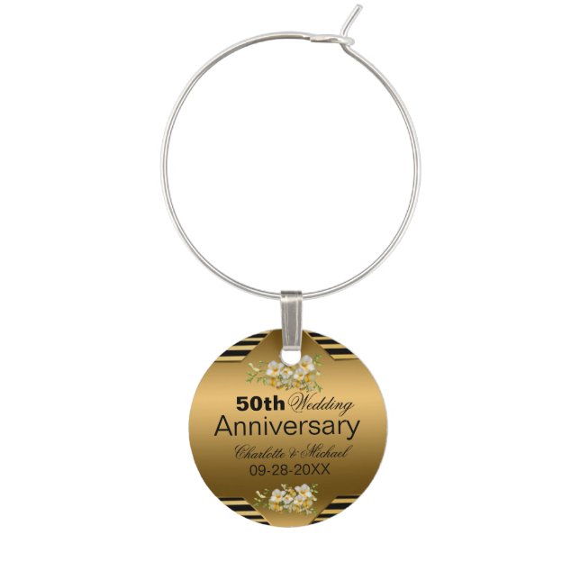 Gold 50th Wedding Anniversary Wine Charm (Front)