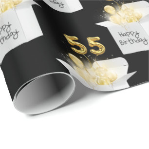 Gold 55th Birthday Balloons in White Box Wrapping Paper