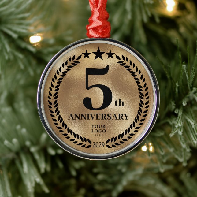Gold 5th Anniversary Custom Business Logo Metal Ornament (Tree)