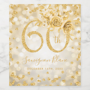 Gold 60th Birthday Floral Glam Lights Wine Label