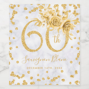 Gold 60th Birthday Floral Marble Glam Lights Wine Label