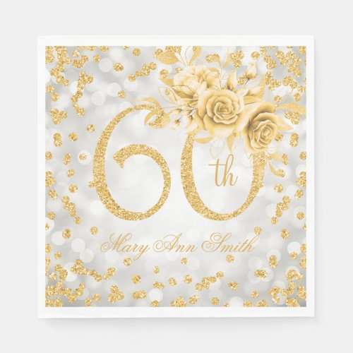 Gold 60th Birthday Floral Silver Glam Lights  Napkins