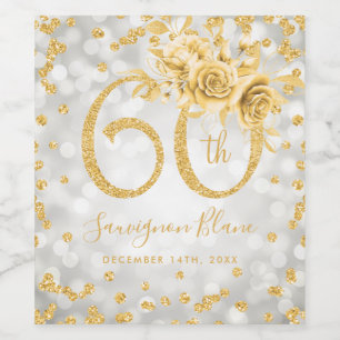 Gold 60th Birthday Floral Silver Glam Lights Wine Label