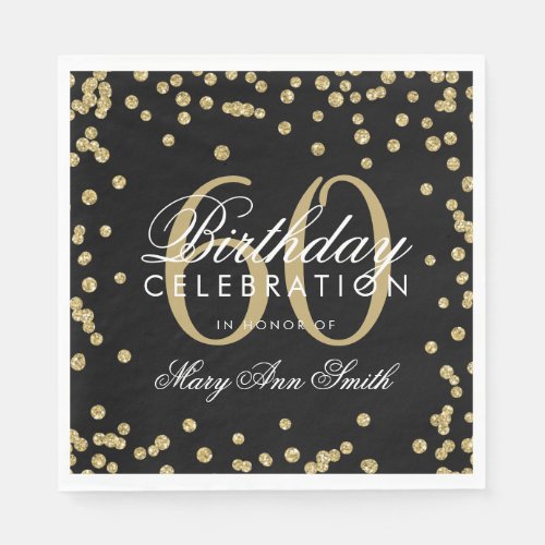 Gold 60th Birthday Glitter Confetti Black Napkins