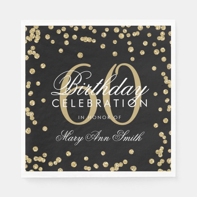 Gold 60th Birthday Glitter Confetti Black Napkins (Front)