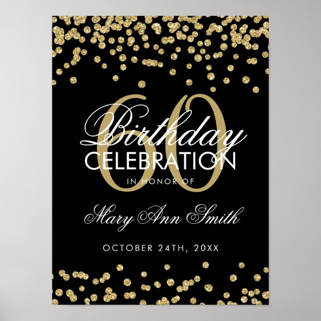 Gold 60th Birthday Glitter Confetti Black Poster (Front)