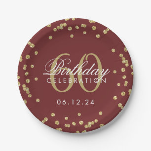 Gold 60th Birthday Glitter Confetti Burgundy Paper Plates