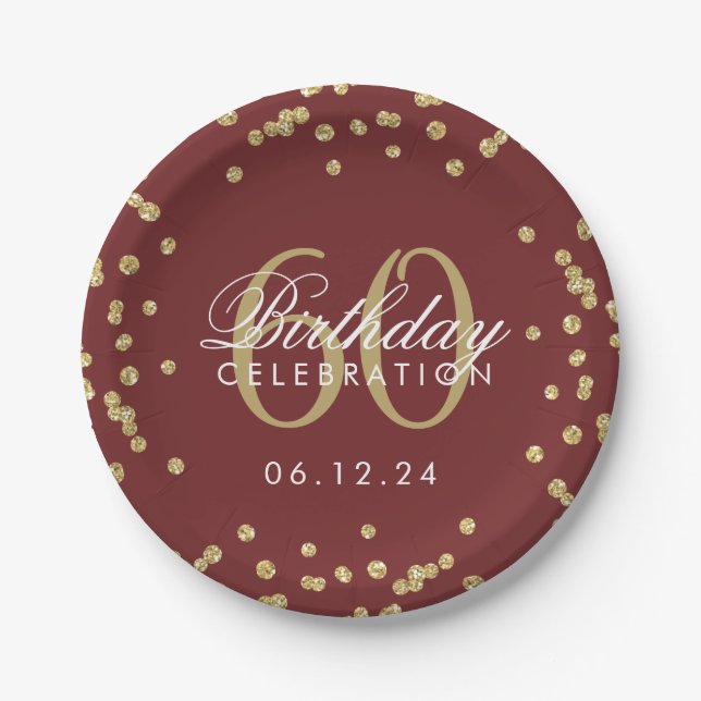 Gold 60th Birthday Glitter Confetti Burgundy Paper Plates (Front)