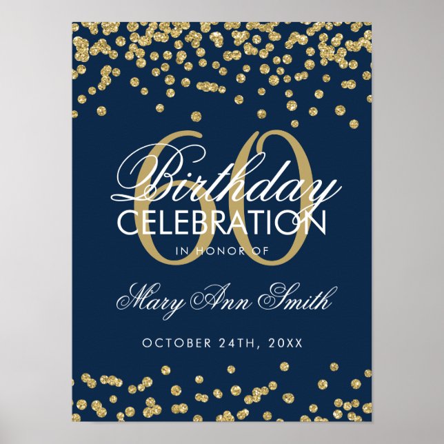 Gold 60th Birthday Glitter Confetti Navy Blue Poster (Front)