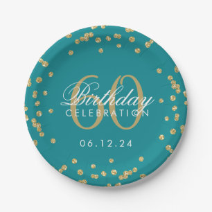 Gold 60th Birthday Glitter Confetti Teal Paper Plates