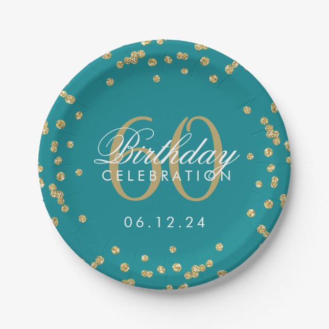 Gold 60th Birthday Glitter Confetti Teal Paper Plates