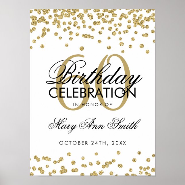 Gold 60th Birthday Glitter Confetti White Poster (Front)