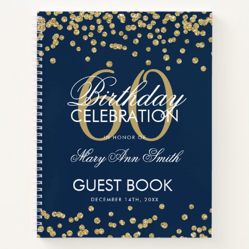 Gold 60th Birthday Guestbook Confetti Navy Blue Notebook