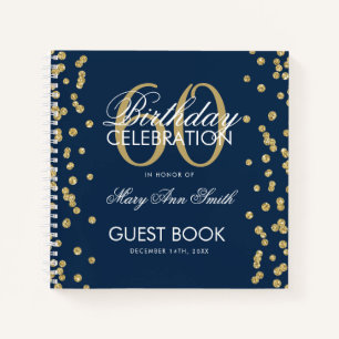 Gold 60th Birthday Guestbook Confetti Navy Blue Notebook
