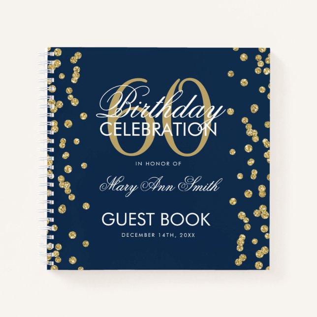 Gold 60th Birthday Guestbook Confetti Navy Blue Notebook (Front)