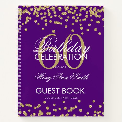 Gold 60th Birthday Guestbook Confetti Purple Notebook