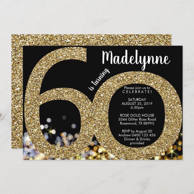 Gold 60th Birthday Invitation - 50th Invitation (Front/Back)