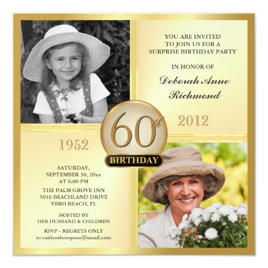 Gold 60th Birthday Invitations Then & Now 2 Photos | Zazzle