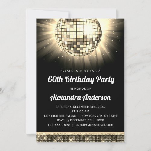 Gold 60th Birthday Party 70s Disco Ball Invitation