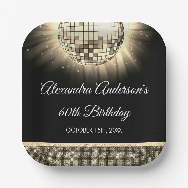 Gold 60th Birthday Party 70's Disco Ball Paper Plates (Front)