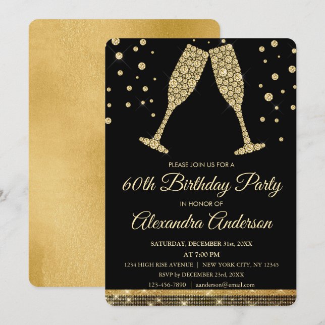 Gold 60th Birthday Party Diamond Champagne Glass Invitation (Front/Back)