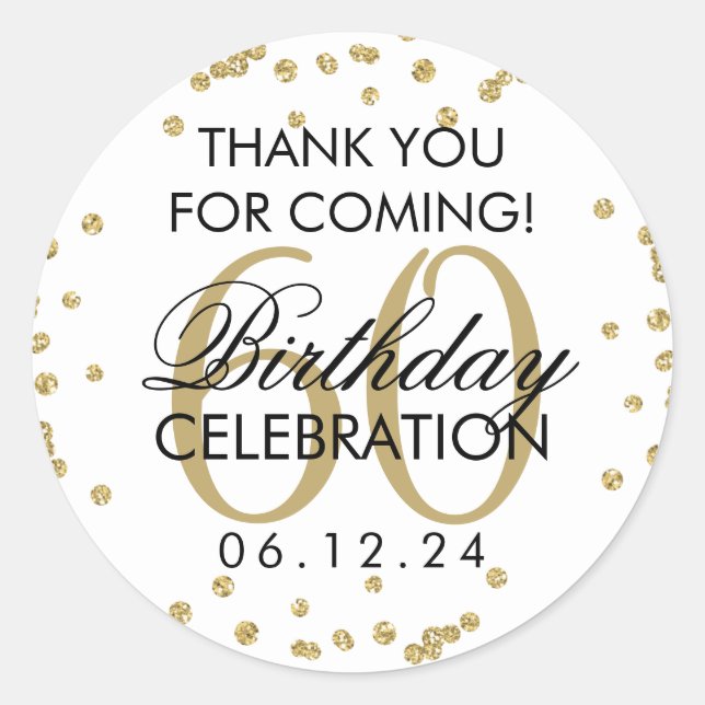 Gold 60th Birthday Thank You Glitter Confetti Classic Round Sticker (Front)