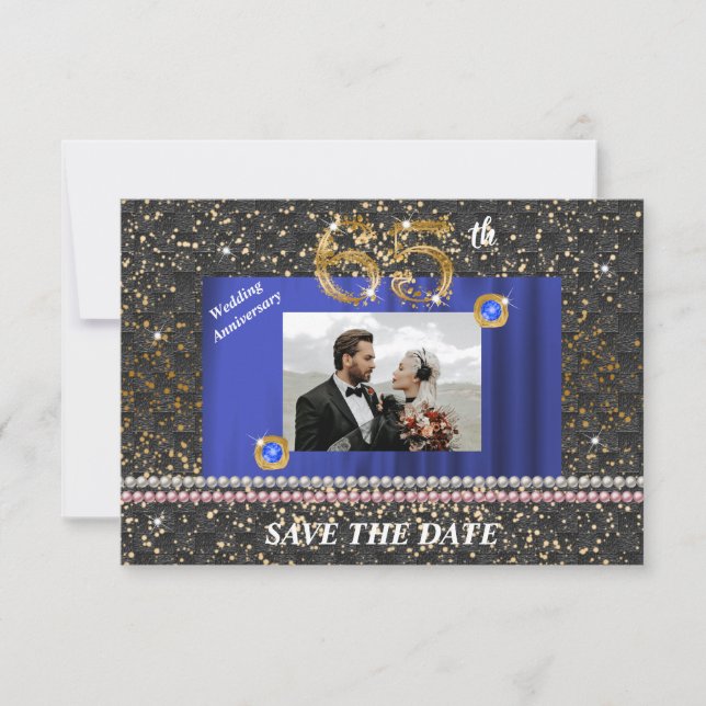 Gold 65th Wedding Anniversary Black Woven & Pearls Invitation (Front)
