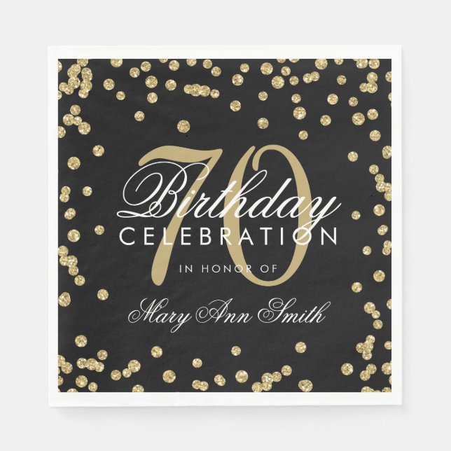 Gold 70th Birthday Glitter Confetti Black Napkins (Front)