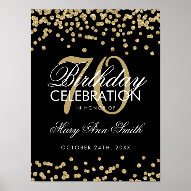 Gold 70th Birthday Glitter Confetti Black Poster (Front)