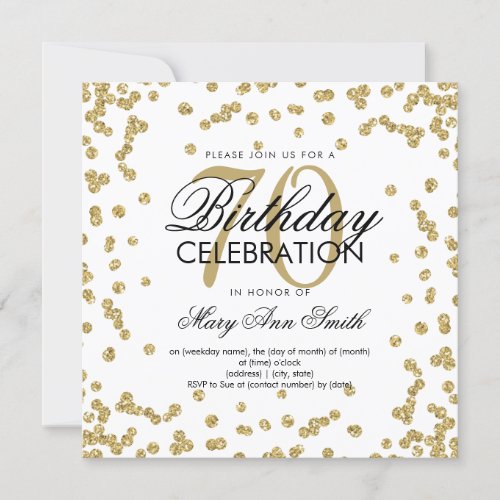Gold 70th Birthday Glitter Confetti Invitation