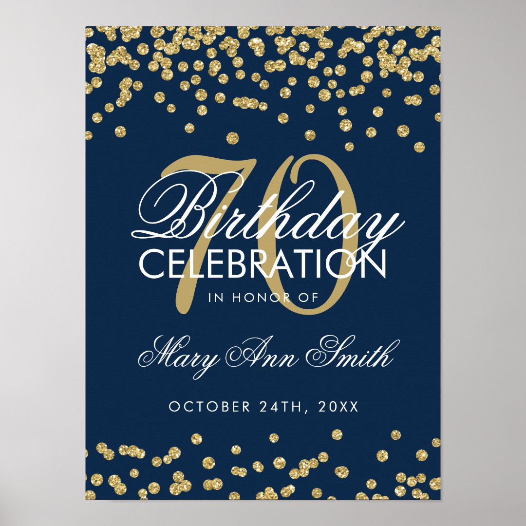 Gold 70th Birthday Glitter Confetti Navy Blue Poster | Zazzle
