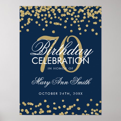 Gold 70th Birthday Glitter Confetti Navy Blue Poster