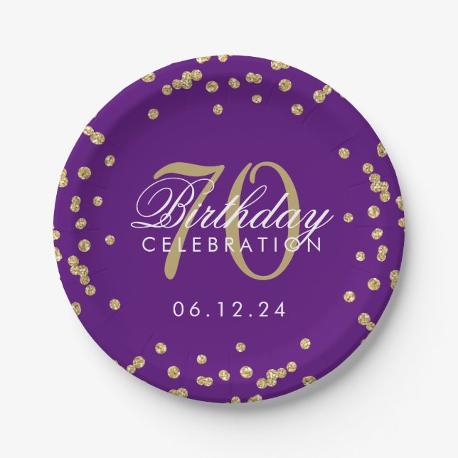 Gold 70th Birthday Glitter Confetti Purple  Paper Plates (Front)