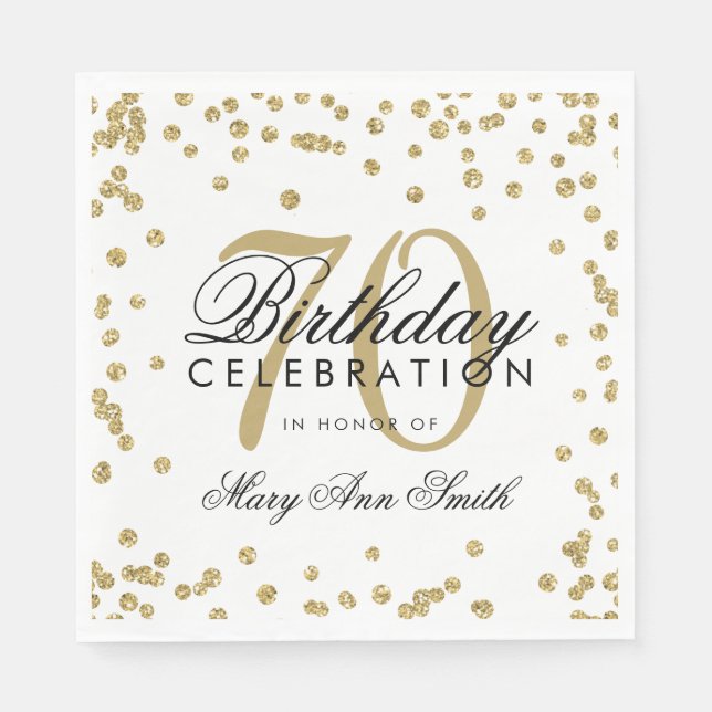 Gold 70th Birthday Glitter Confetti White Napkins (Front)